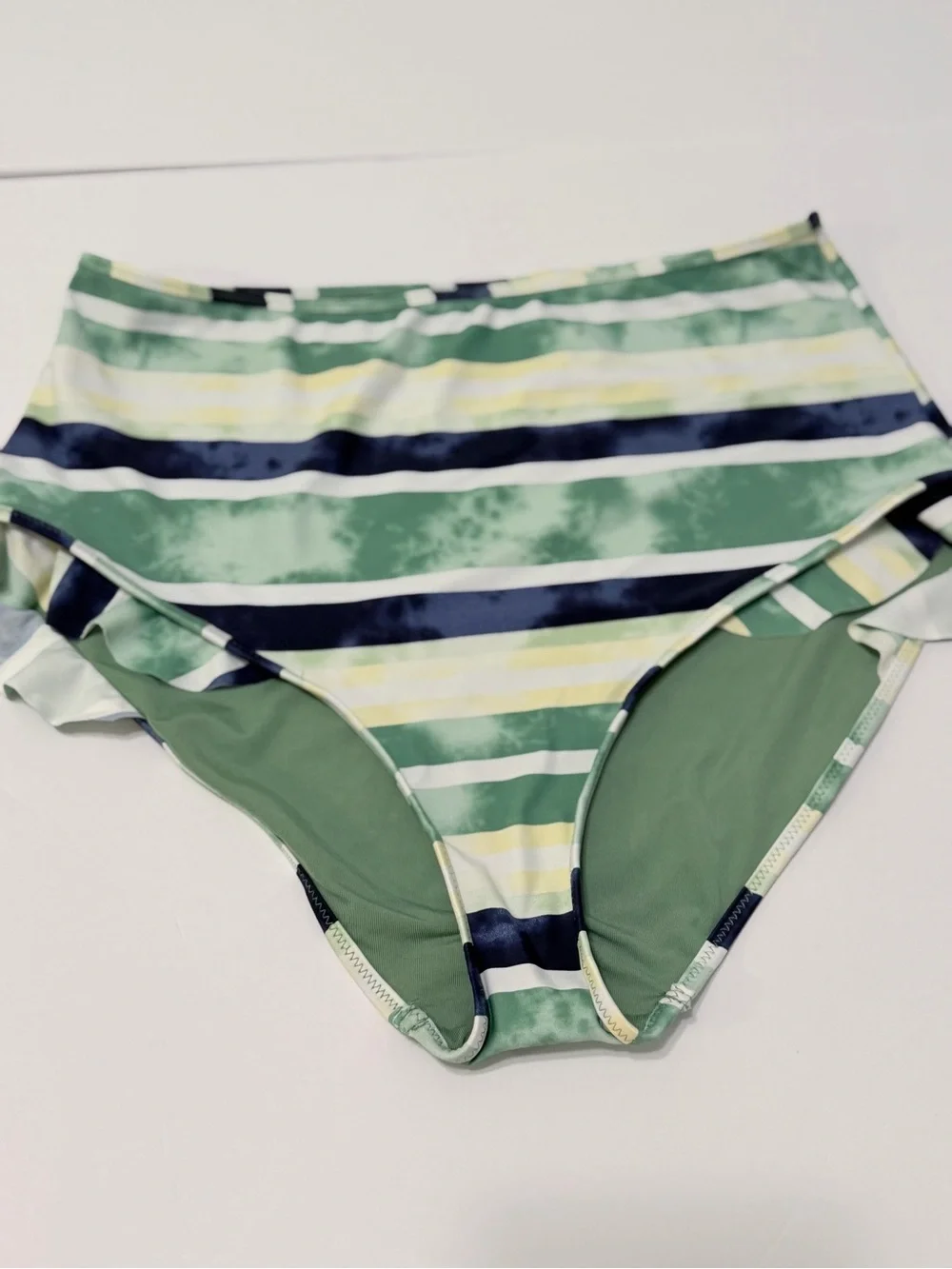 Aerie High Waisted Full Coverage Ruffle Bikini Bottoms Green Striped Tie Dye L